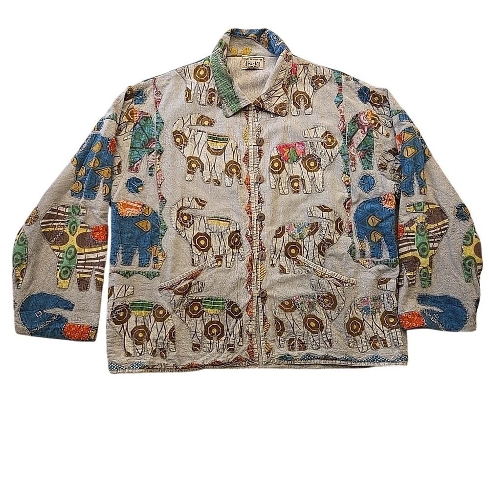 VTG TRESKA Elephant Patchwork Jacket Shirt Lagenlook Art to Wear One Size - Picture 1 of 9